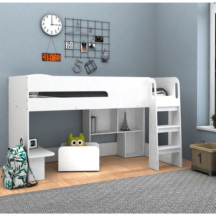 Kidsaw - Kudl, Mid Sleeper with Desk, Bookcase, Toybox in White