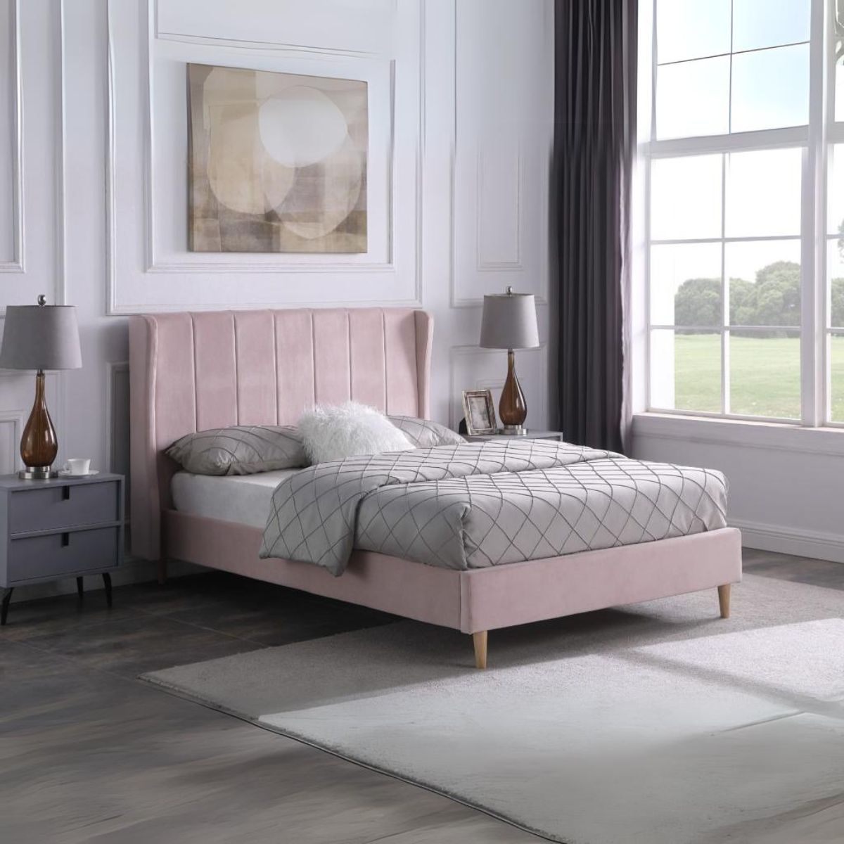 Amelia 5FT Bed - Pink Velvet Fabric