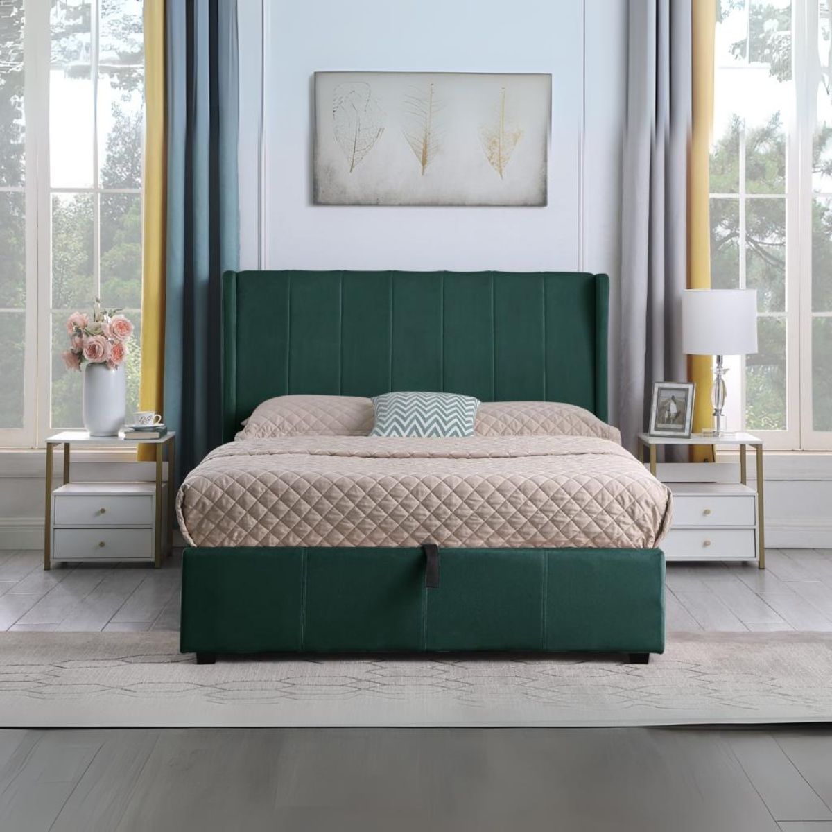 Amelia Plus 4FT6 Storage Bed - Green Velvet Fabric