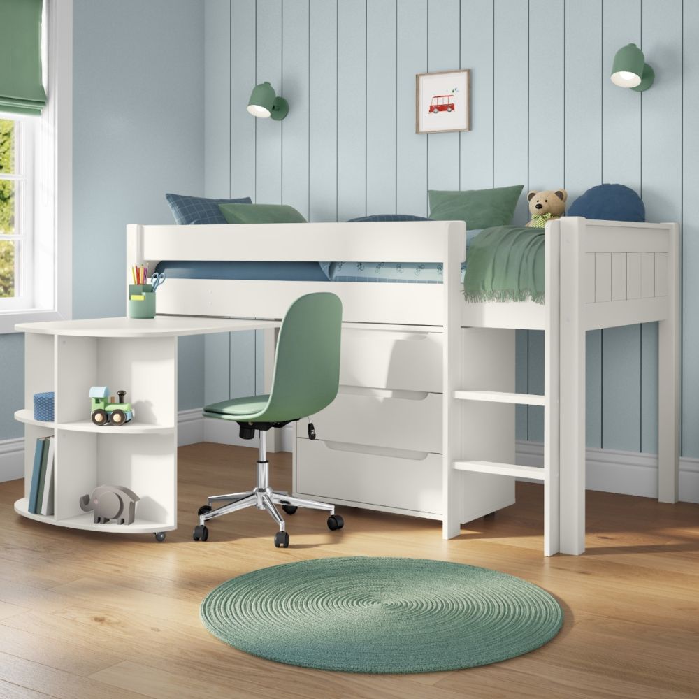 New Classic Midsleeper With Pull Out Desk And 3 Drawer Chest White