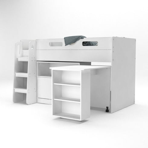 Kidsaw Kudl Storage Mid Sleeper with Desk and Cupboard - White