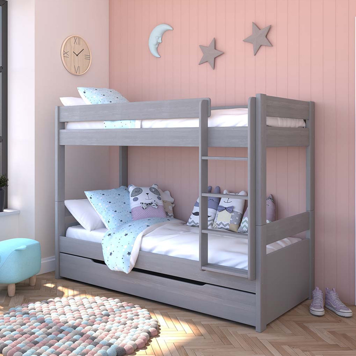 Uno Grey Bunk Bed With Trundle Drawer