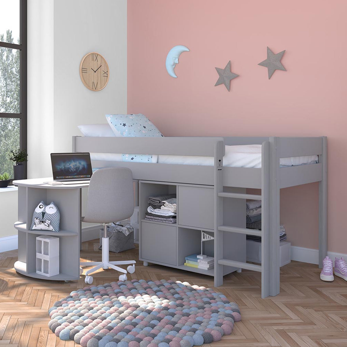 Uno Grey Midsleeper With Pull Out Desk And Cube Unit