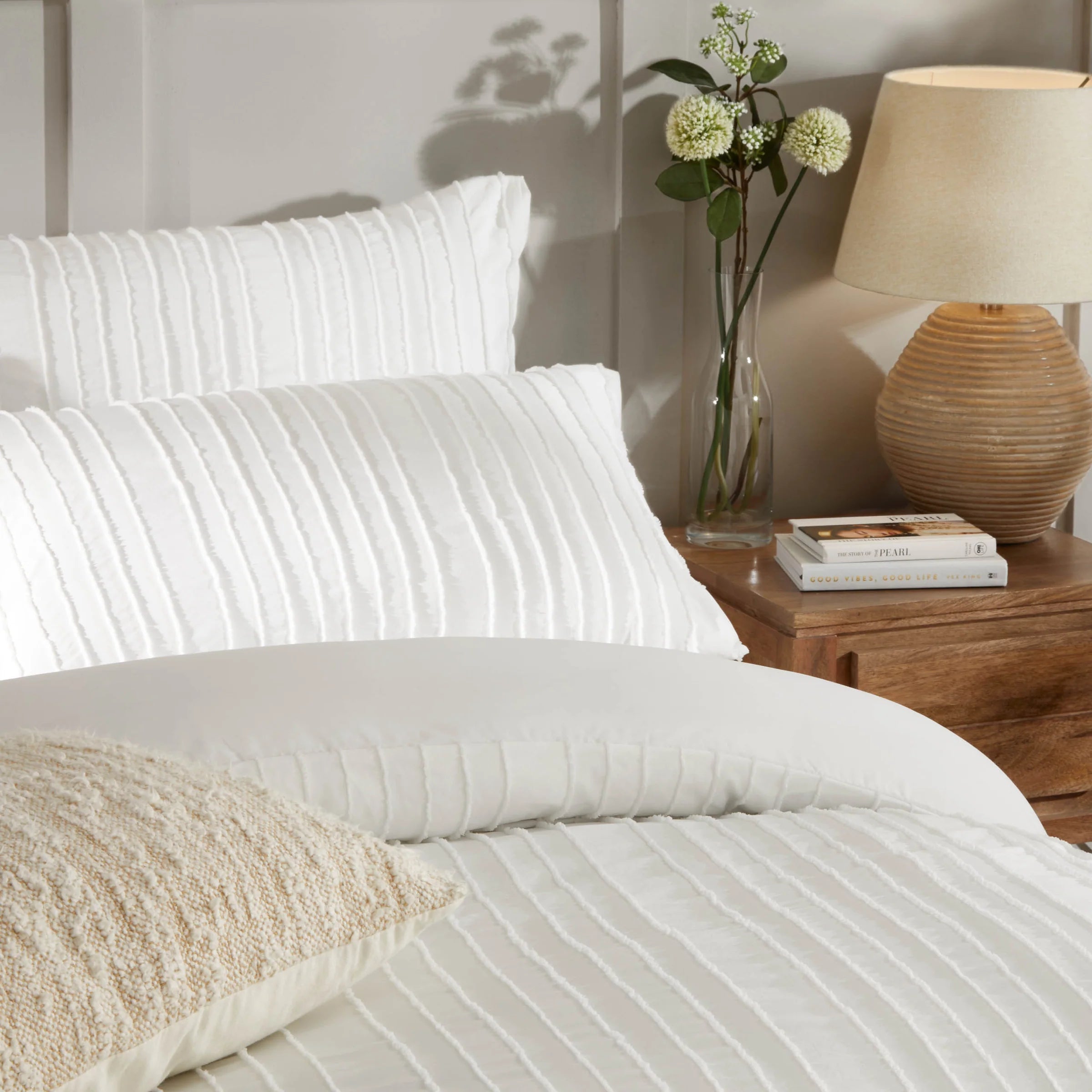 Harrison Stripe Tufted Soft Touch Duvet Cover Set White - Double